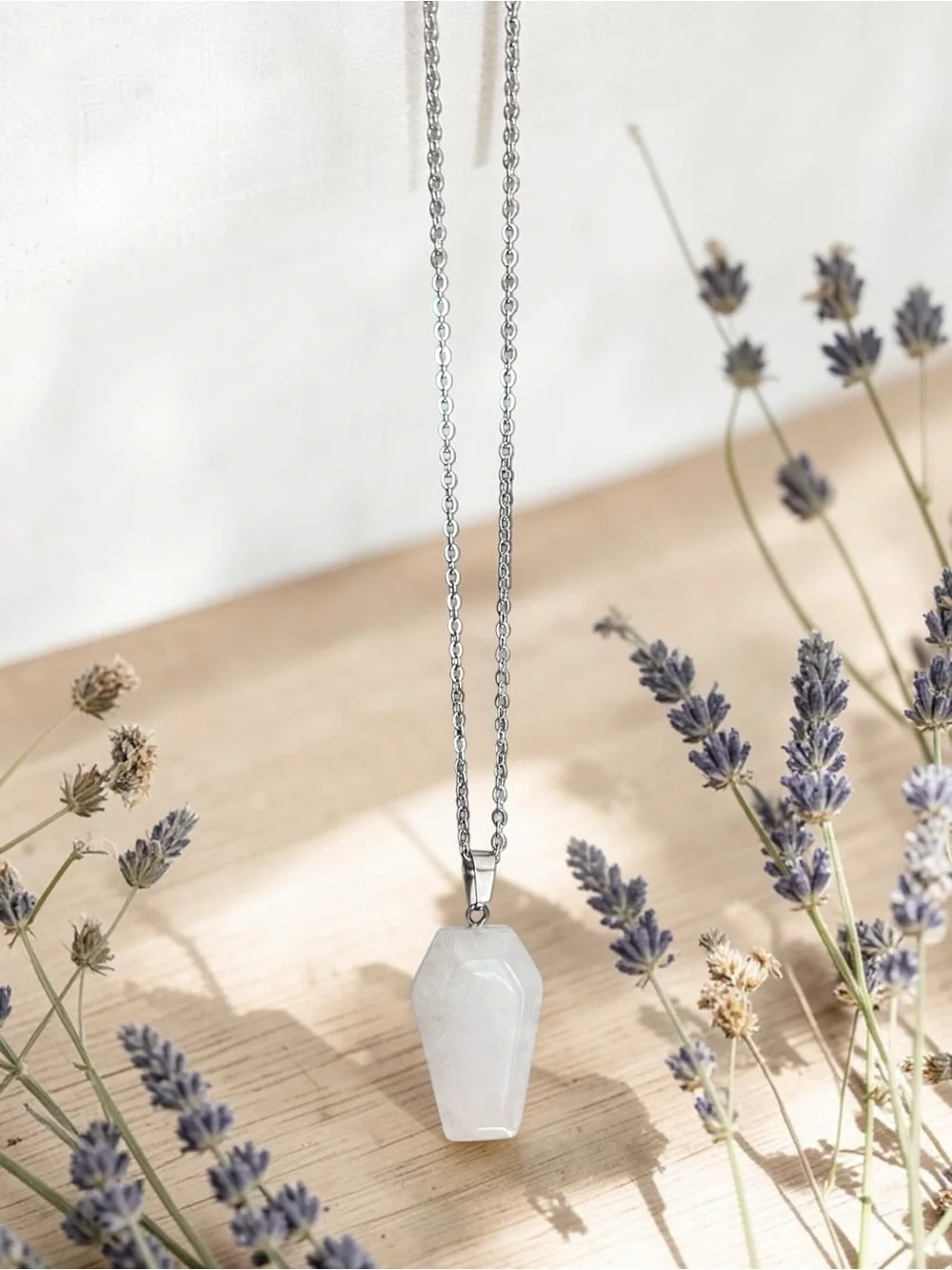 WHITE/CLEAR QUARTZ natural stone coffin pendant necklace with silver chain NEW